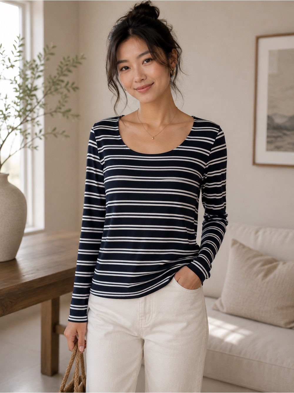Three Dots Black and White Striped Long Sleeve Top